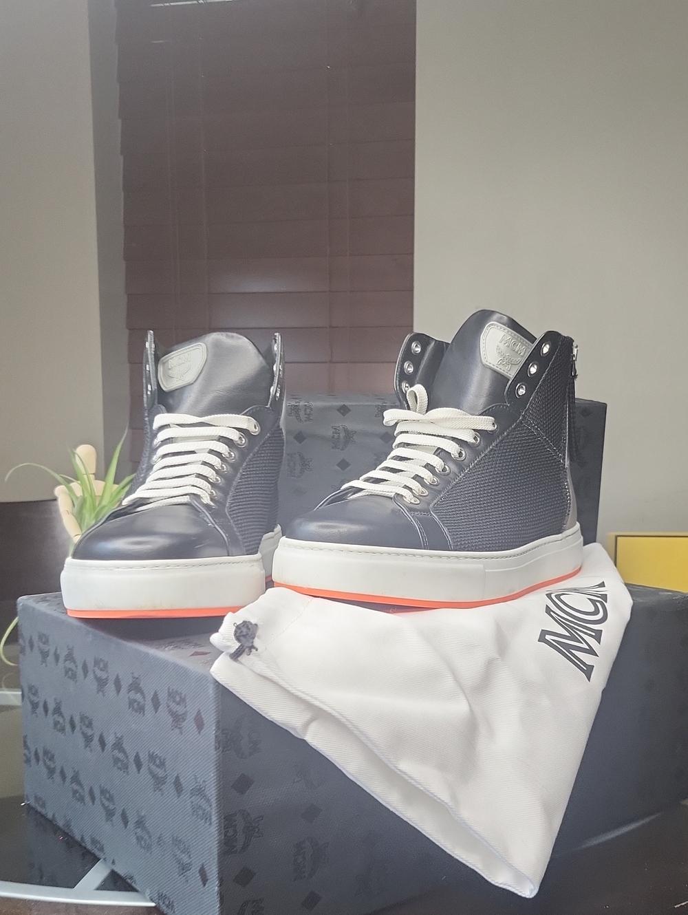 MCM Men's Black High-Top Sneakers with Orange Accent
